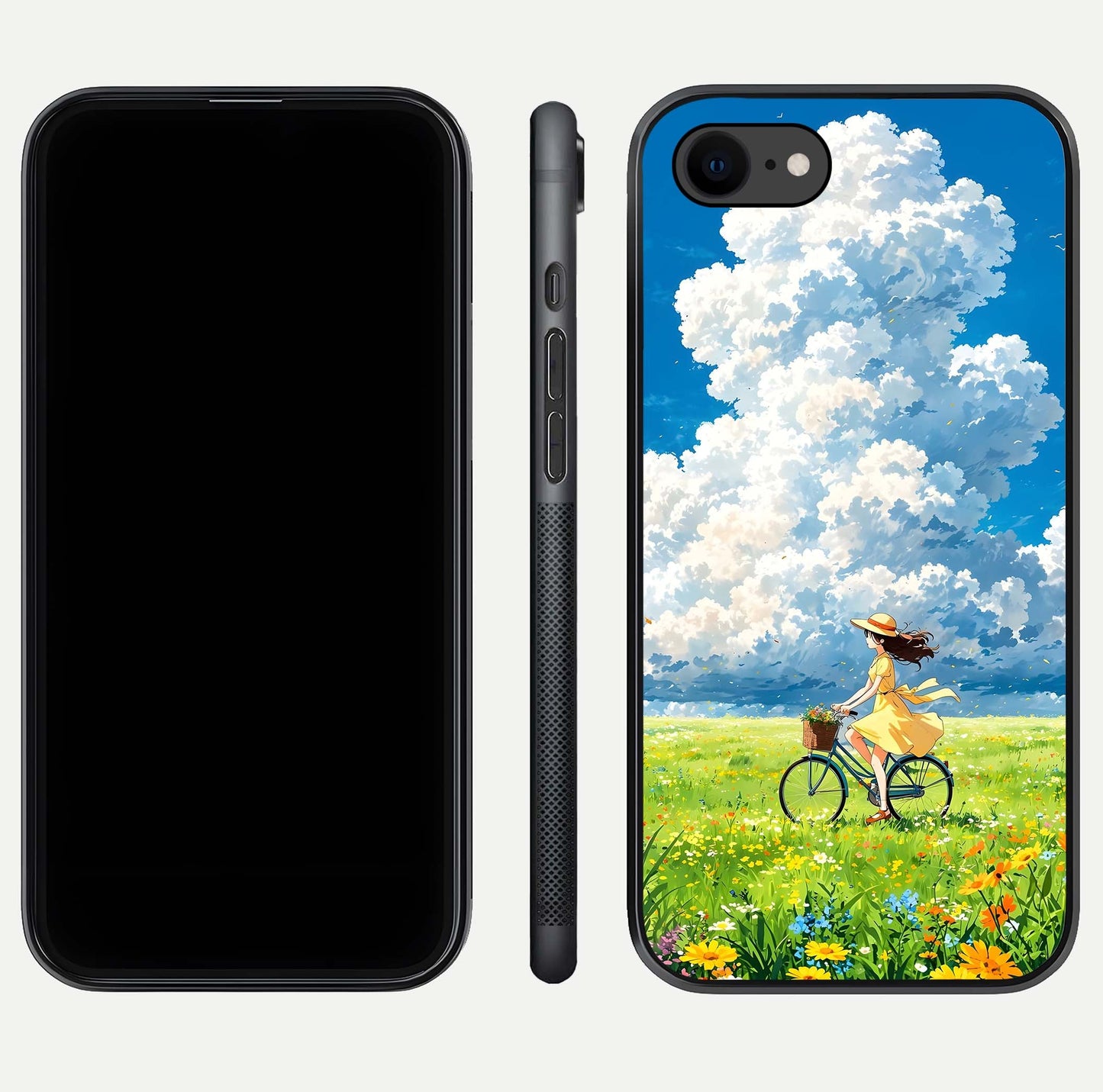 Breezy Meadow Ride Glass Case for iPhone 7 dual-view layout showing soft landscape design and reflection gloss