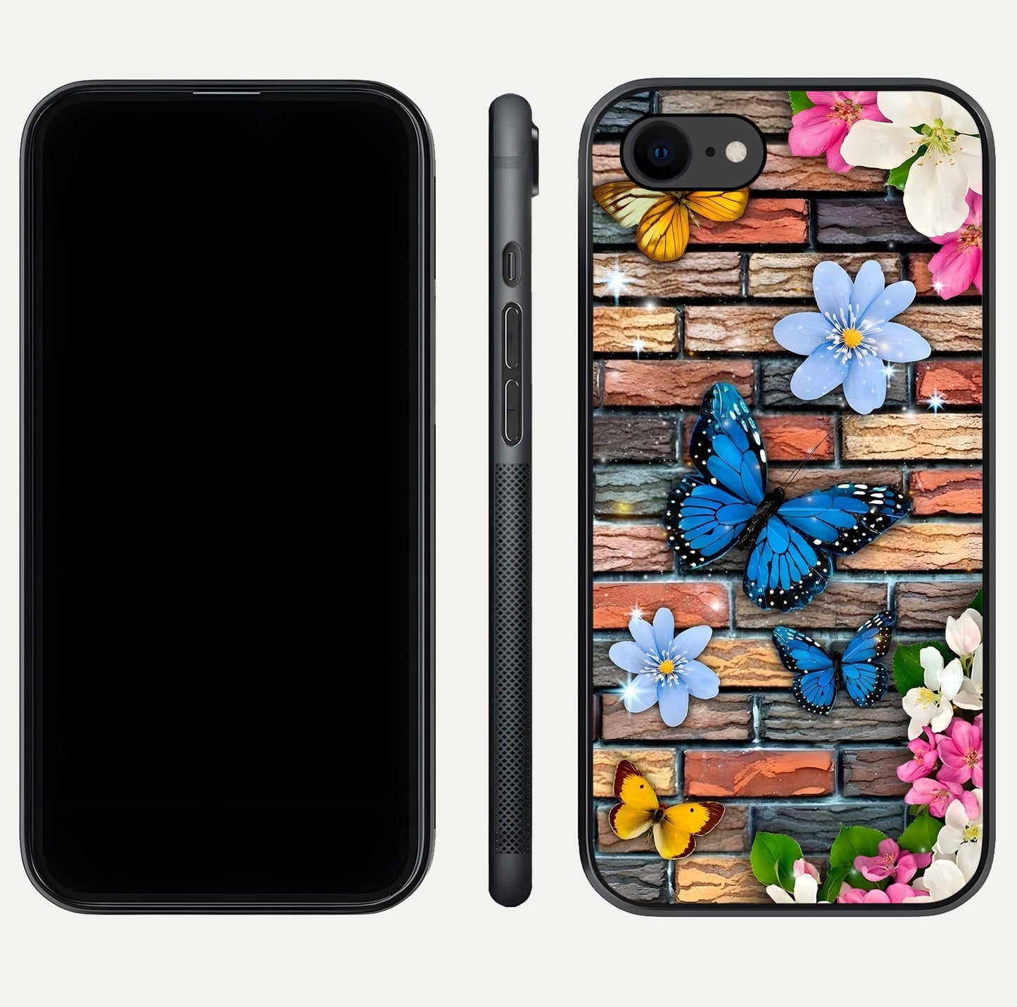 Brick Bloom Flight Glass Case for iPhone 7 dual-view layout showing bloom placement and protective edge design