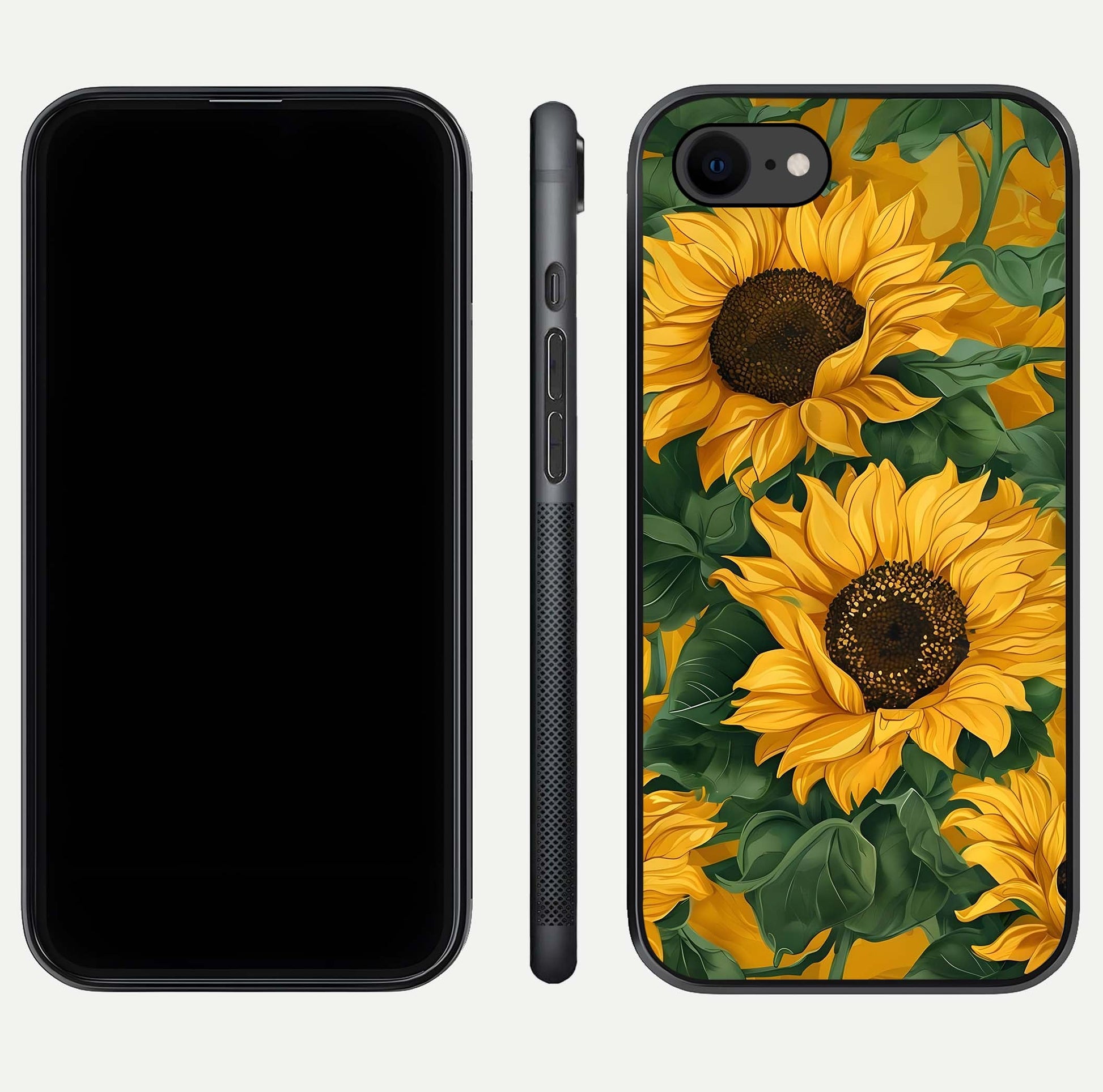 Bright Sunflower Bloom Glass Case for iPhone 7 dual-view layout displaying floral glow and curved glass edge