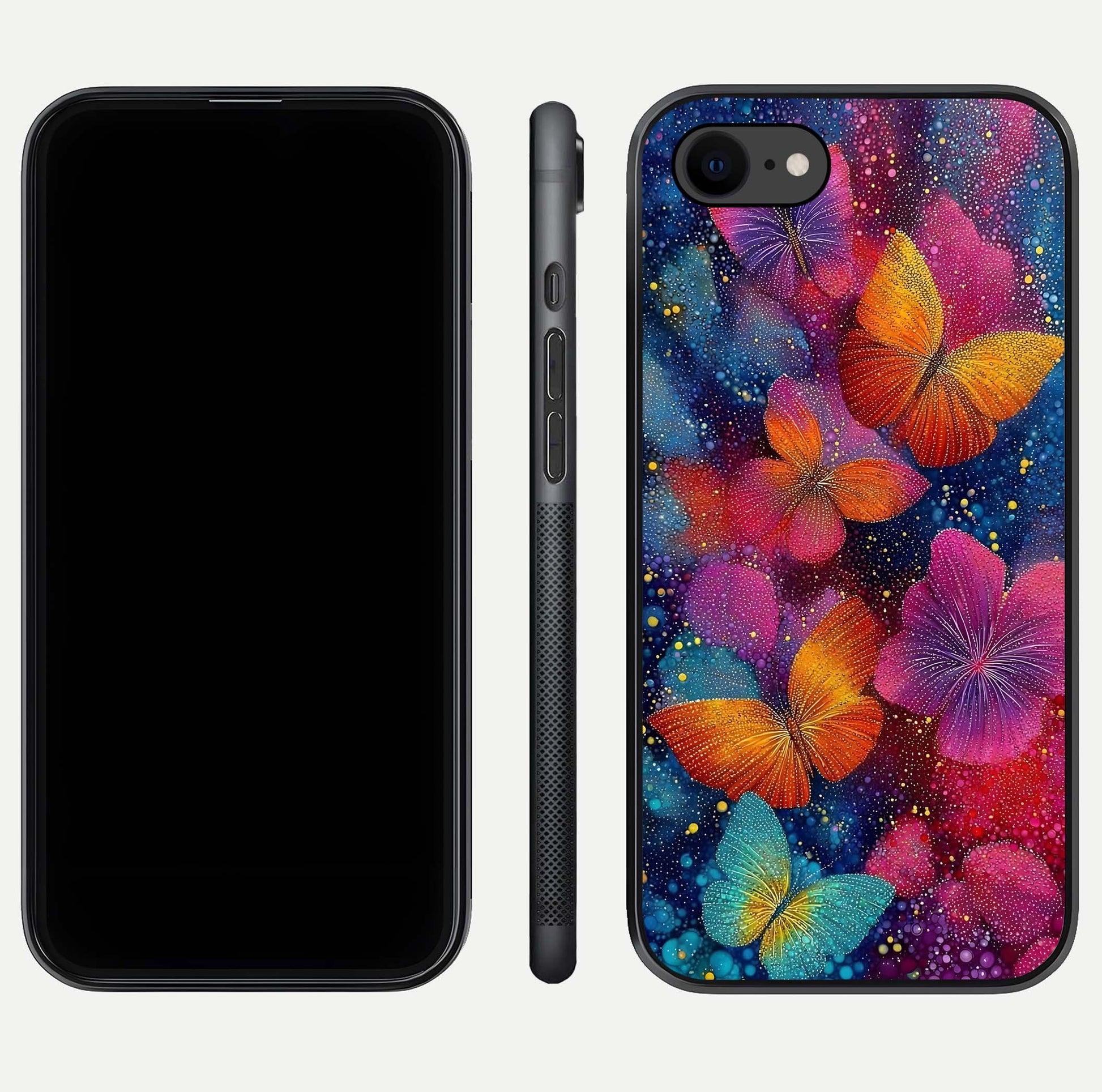 Butterfly Dream Mist Glass Case for iPhone 7 dual-view layout showing mist background and edge polish