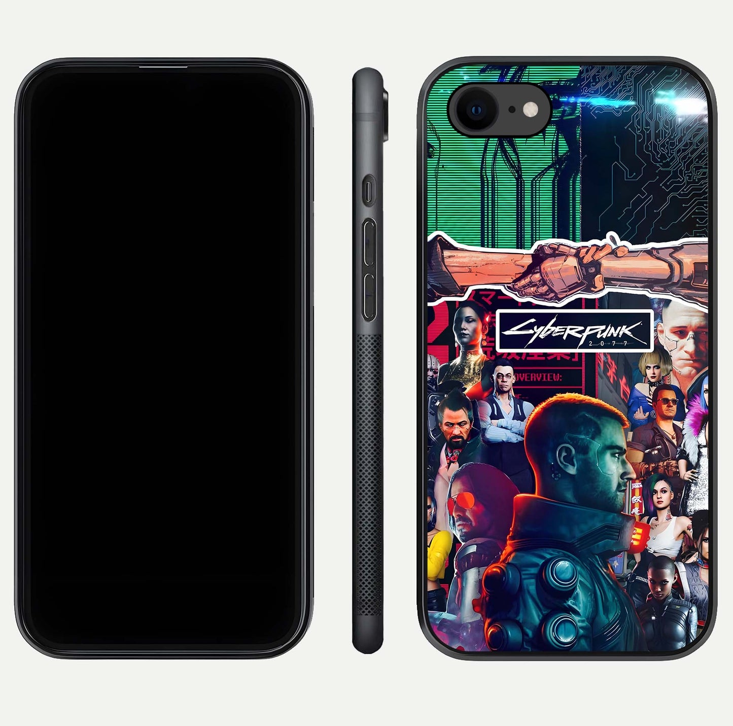 CYBERPUNK Legacy Glass Case for iPhone 7 dual-view layout showing cyberpunk hues and glass precision