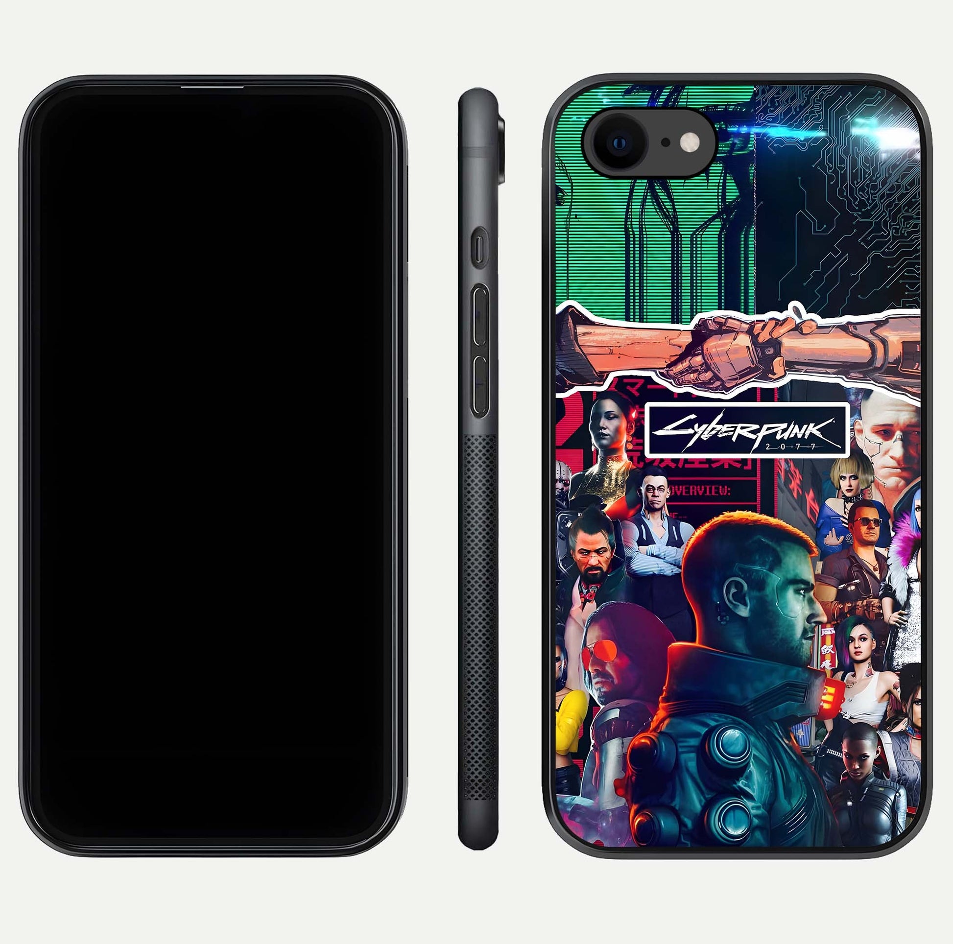 CYBERPUNK Legacy Glass Case for iPhone 7 dual-view layout showing cyberpunk hues and glass precision