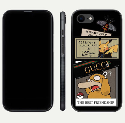 Cartoon Brand Play Mashup Glass Case for iPhone 7 front and back view layout highlighting multi-logo artwork and curved edges