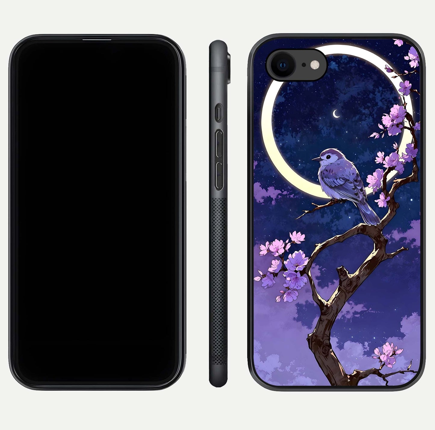 Celestial Bird Blossom Glass Case for iPhone 7 dual-view layout showing art composition and edge clarity
