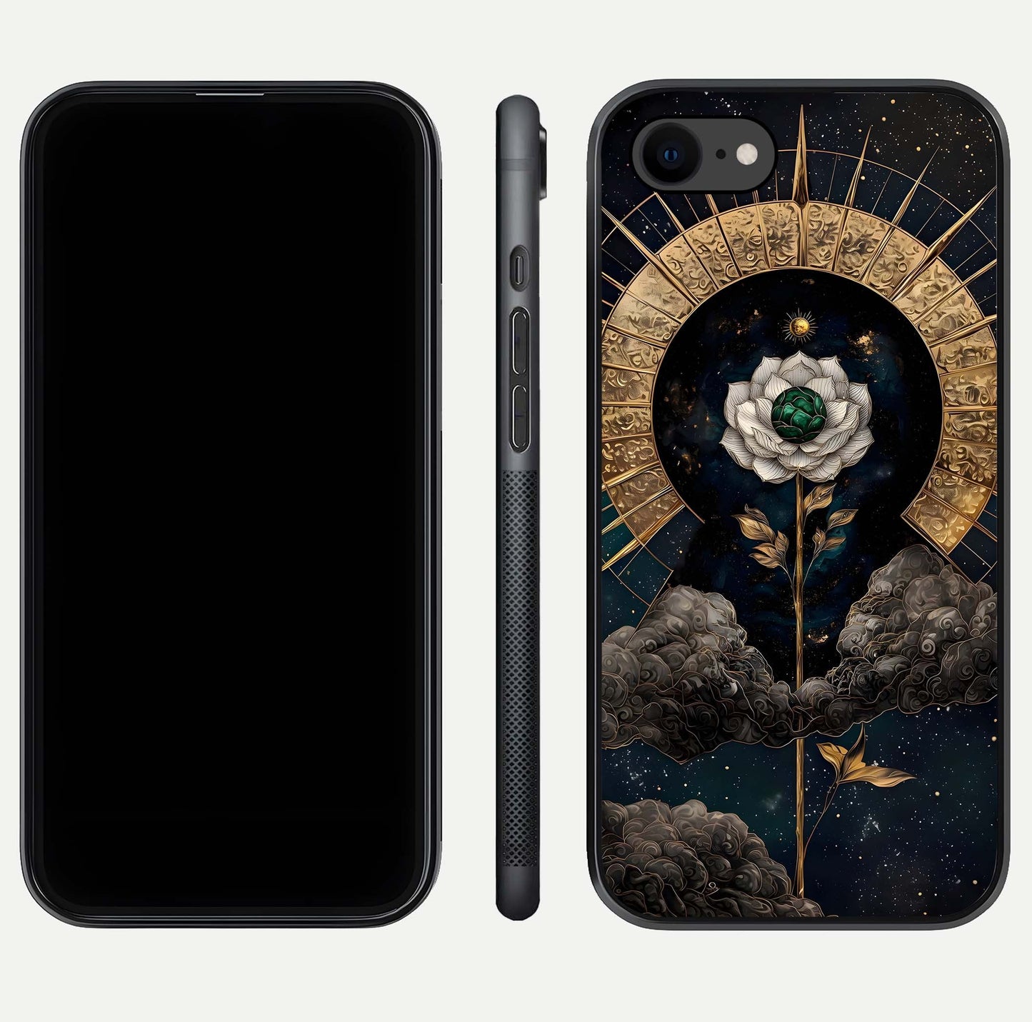Celestial Lotus Morang Glass Case for iPhone 7 dual-view layout displaying floral symmetry and polished edges