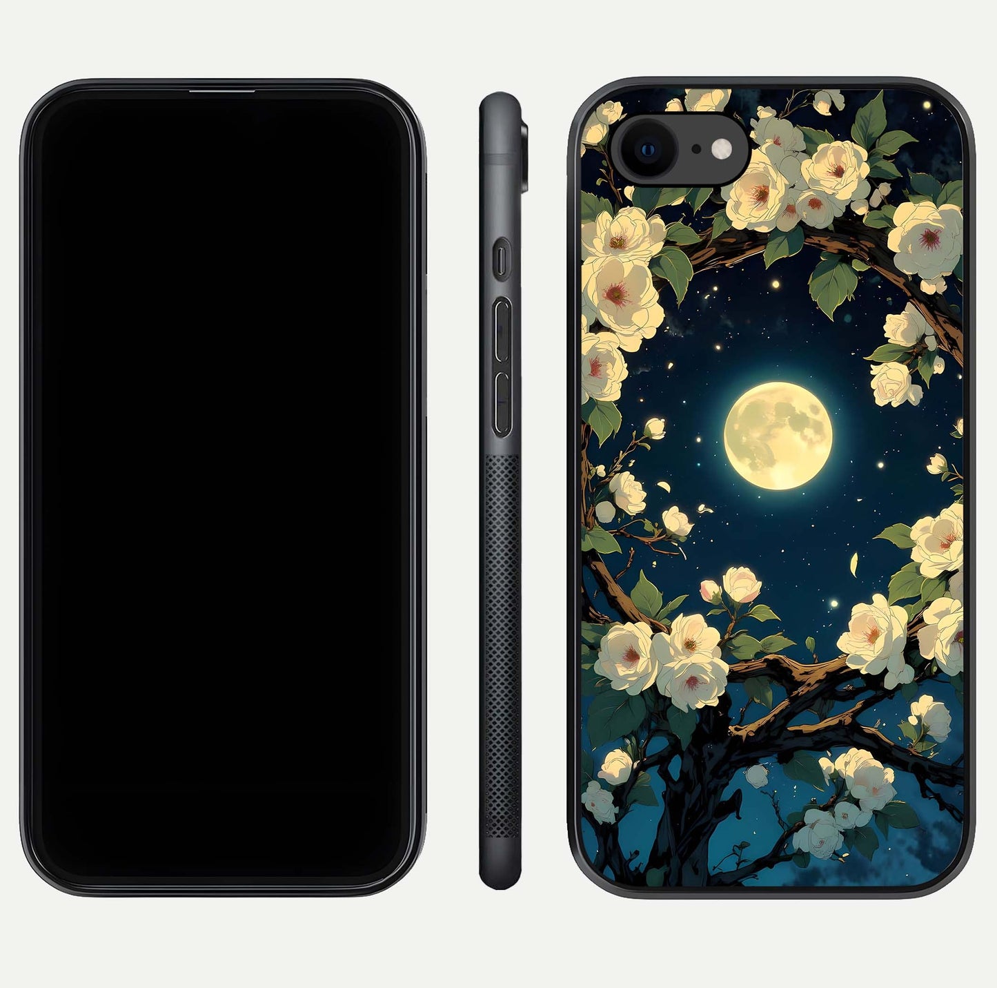 Celestial Moon & Flower Glass Case for iPhone 7 dual-view layout showing balanced lunar art and gloss tone