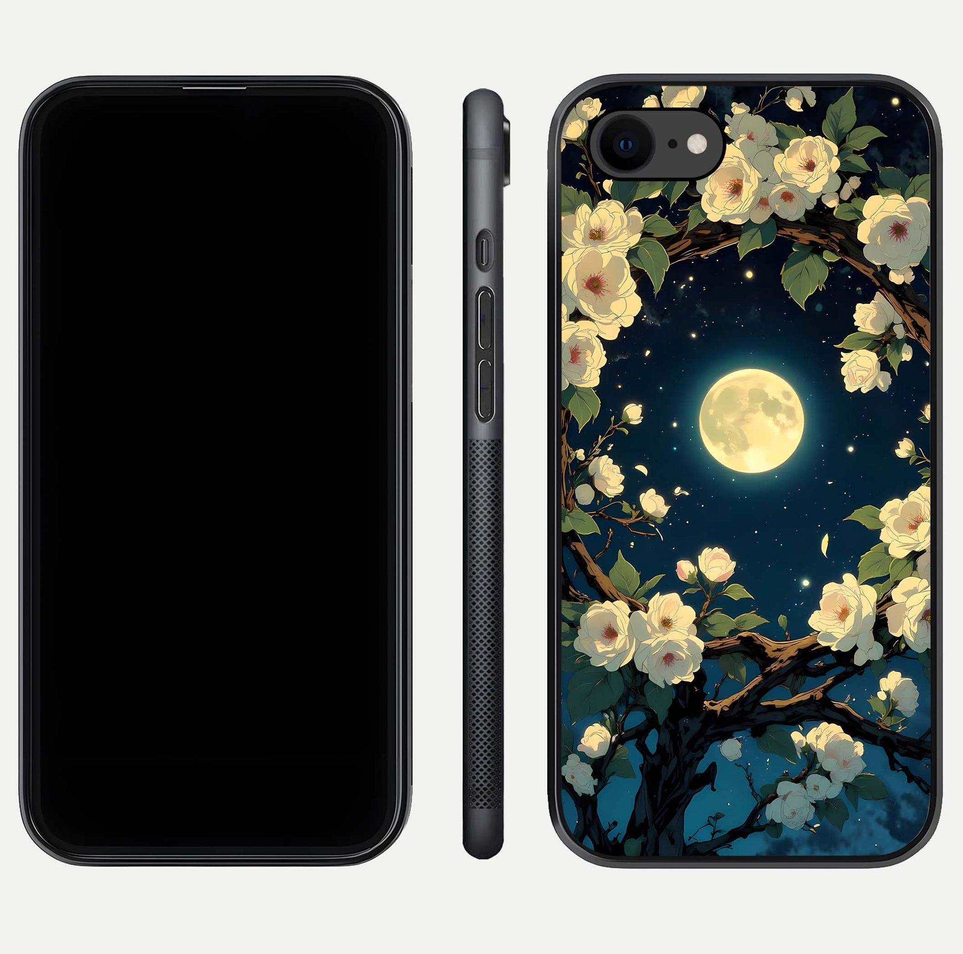 Celestial Moon & Flower Glass Case for iPhone 7 dual-view layout showing balanced lunar art and gloss tone