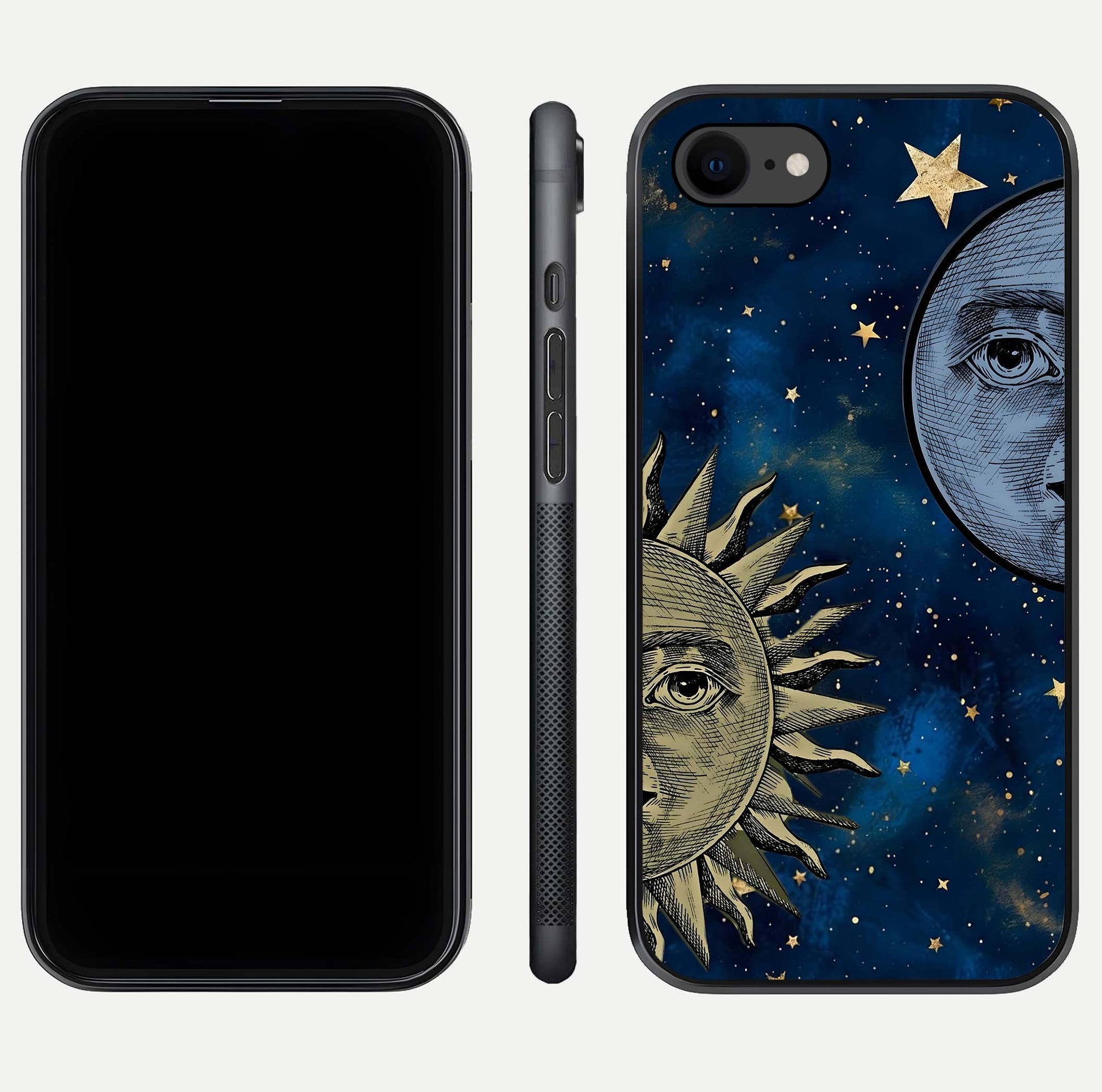 Celestial Moon With Sun Glass Case for iPhone 7 dual-view layout showing luminous pattern and curved edges