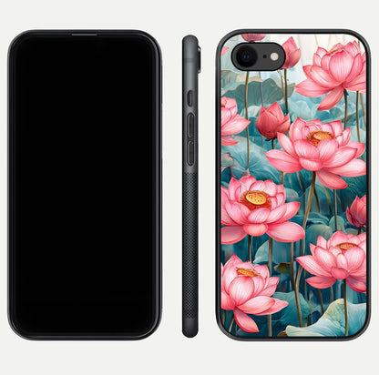 Celestial Pink Lotus Glass Case for iPhone 7 dual-view layout showing floral center and smooth edges