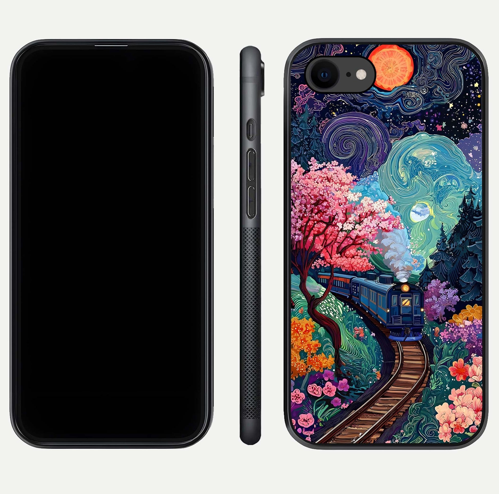 Celestial Train Journey Glass Case for iPhone 7 dual-view layout showing cosmic art balance and curved glass edges