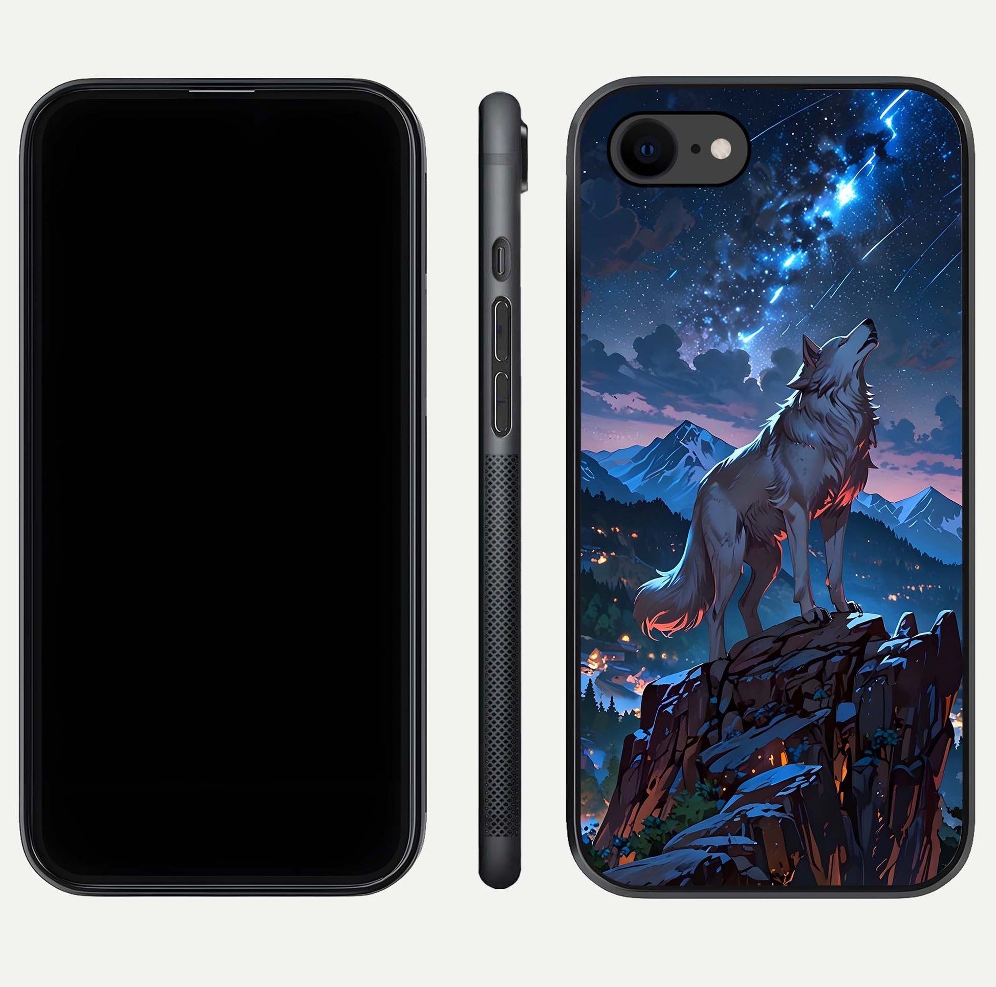 Celestial Wolf Howl Glass Case for iPhone 7 dual-view layout displaying night tones and protective glass edges