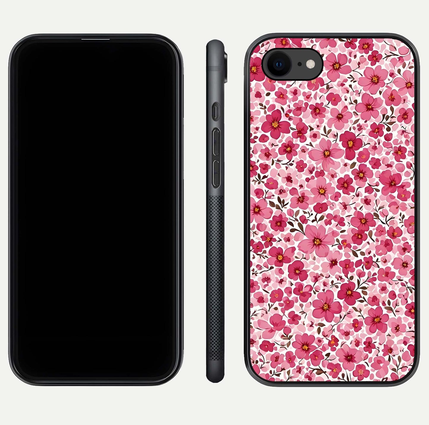 Cherry Blossom Charm Glass Case for iPhone 7 dual-view layout showing elegant floral balance and HD gloss