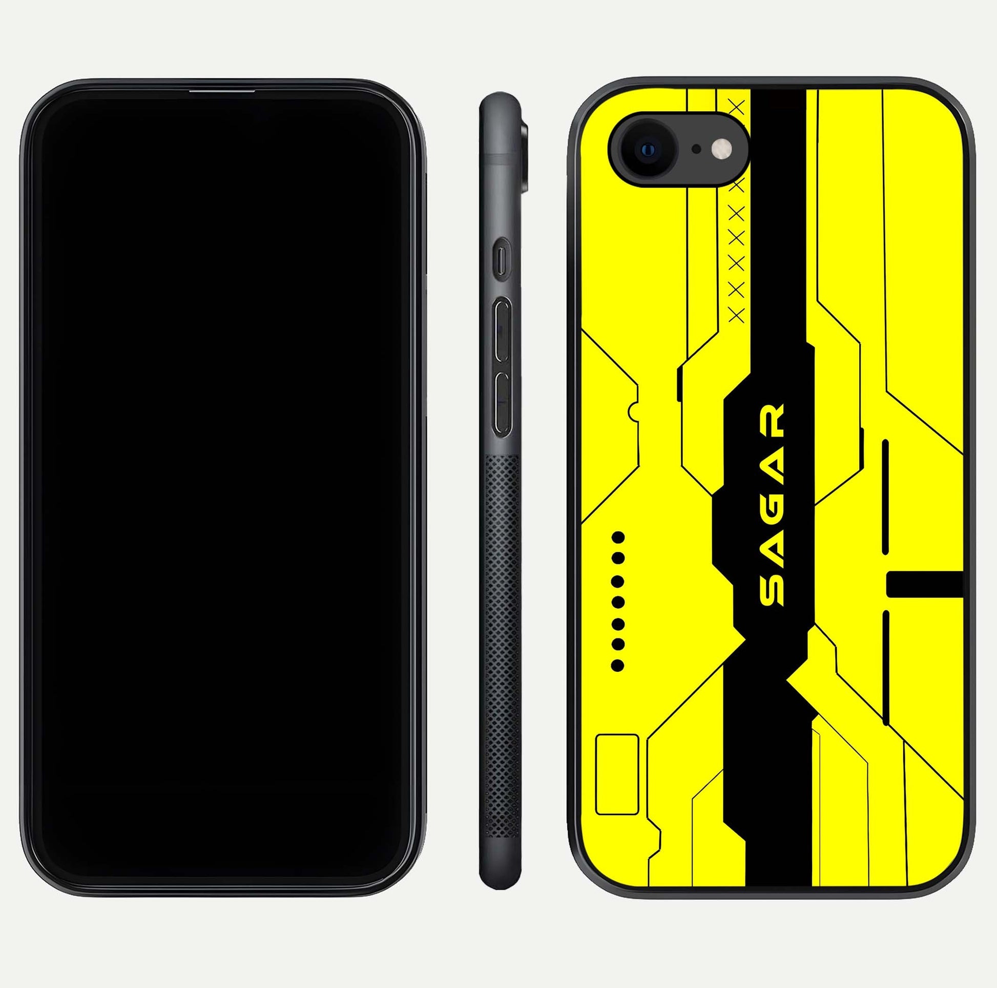 Circuit CYBERPUNK Custom Name Glass Case for iPhone 7 dual-view layout showing bold tech art and edge clarity