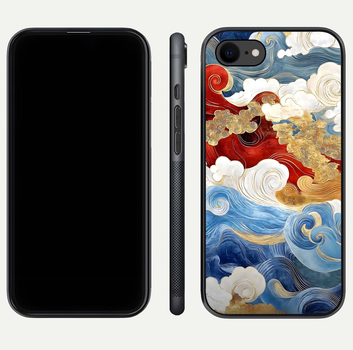 Colored Waves Glass Case for iPhone 7 front & back layout showing smooth edges and vivid print tones