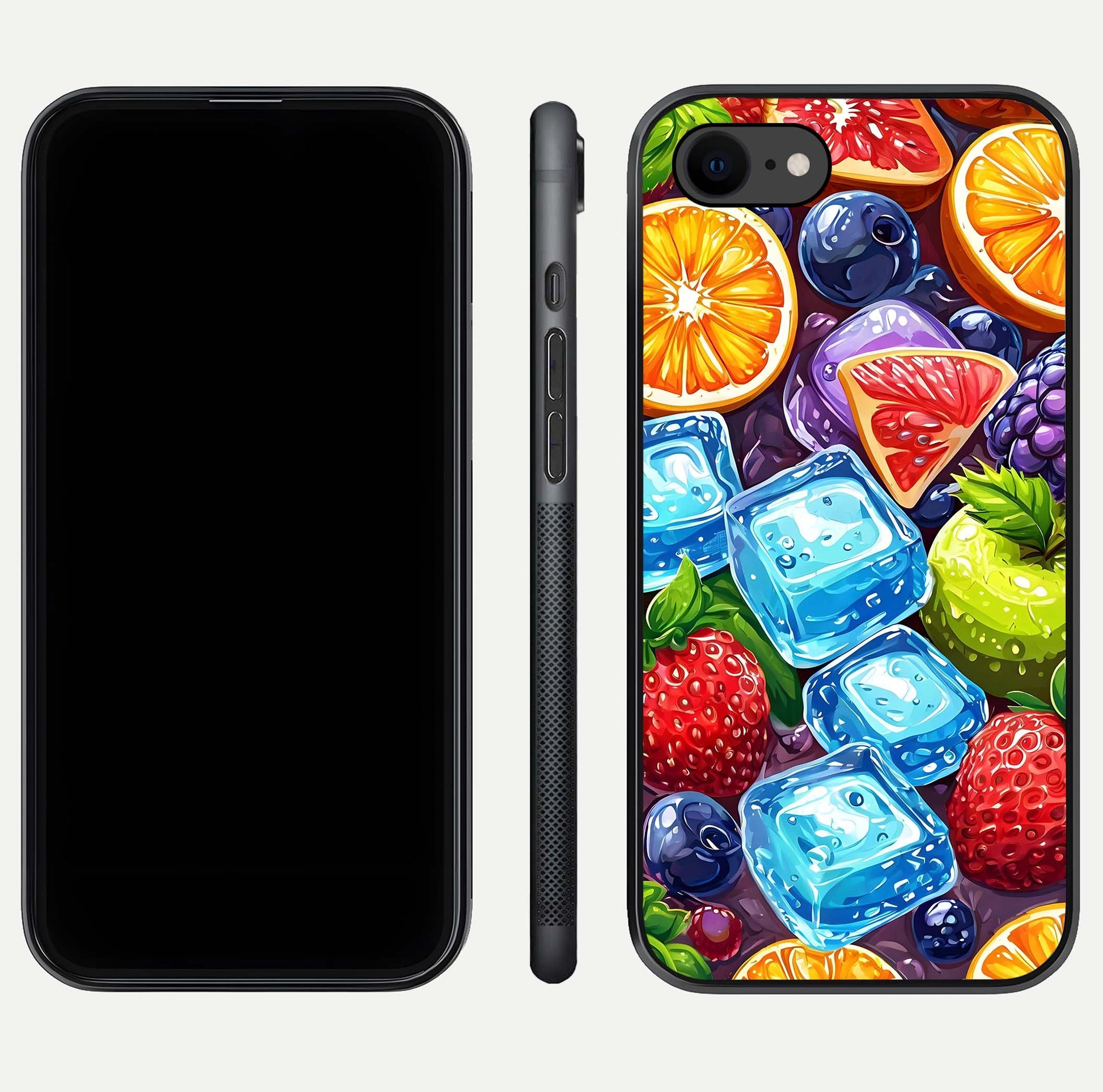Colorful Fruits with Ice Glass Case for iPhone 7 dual-view layout showing fresh tones and polished edges