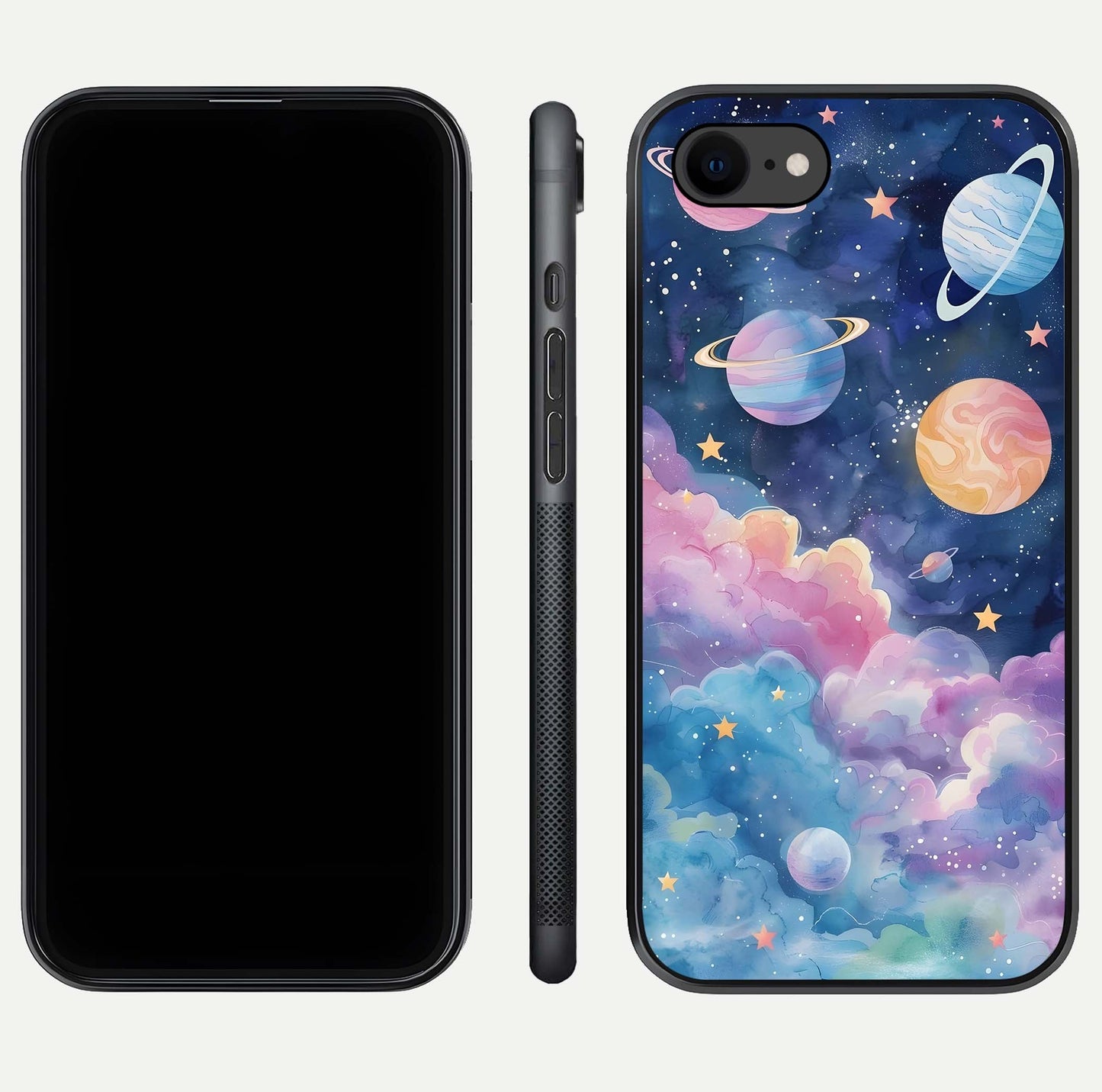 Cosmic Planet Dreams Glass Case for iPhone 7 dual-view layout displaying galaxy colors and curved finish
