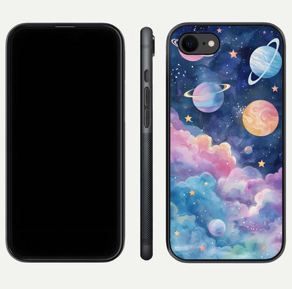Cosmic Planet Dreams Glass Case for iPhone 7 dual-view layout displaying galaxy colors and curved finish