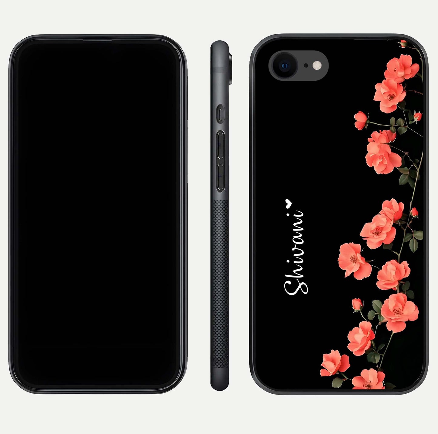 Crimson Bloom Grace Custom Name Glass Case for iPhone 7 dual-view layout displaying custom text and smooth curved edges