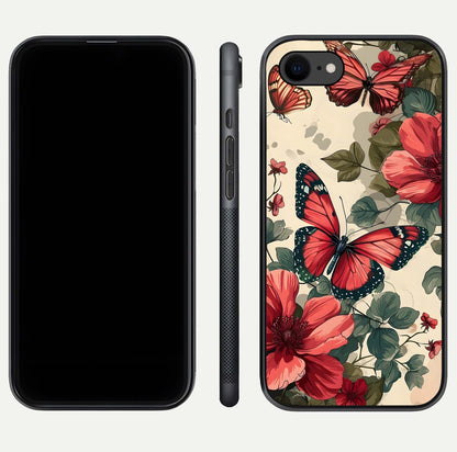 Crimson Butterfly Garden Glass Case for iPhone 7 dual-view layout displaying floral patterns and edge finish