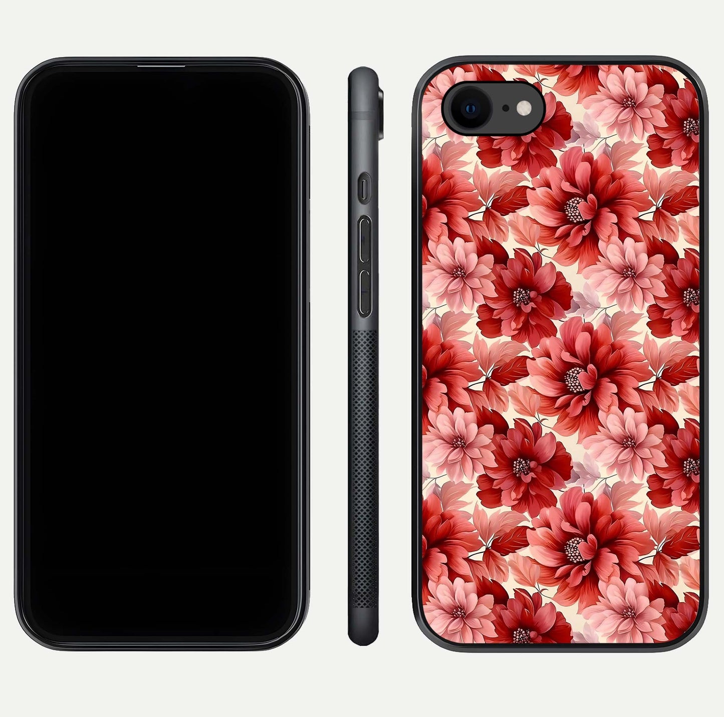Crimson Love Petals Glass Case for iPhone 7 dual-view layout displaying floral charm and curved glass
