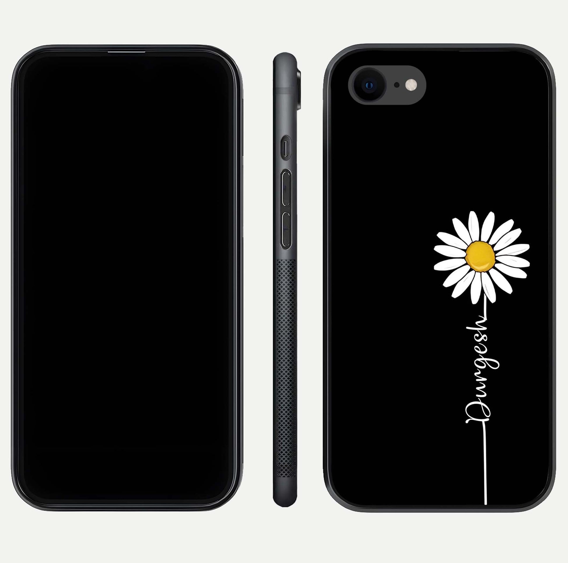 Custom Name White Flower Glass Case for iPhone 7 dual-view layout showing elegant floral tone and curved edge finish