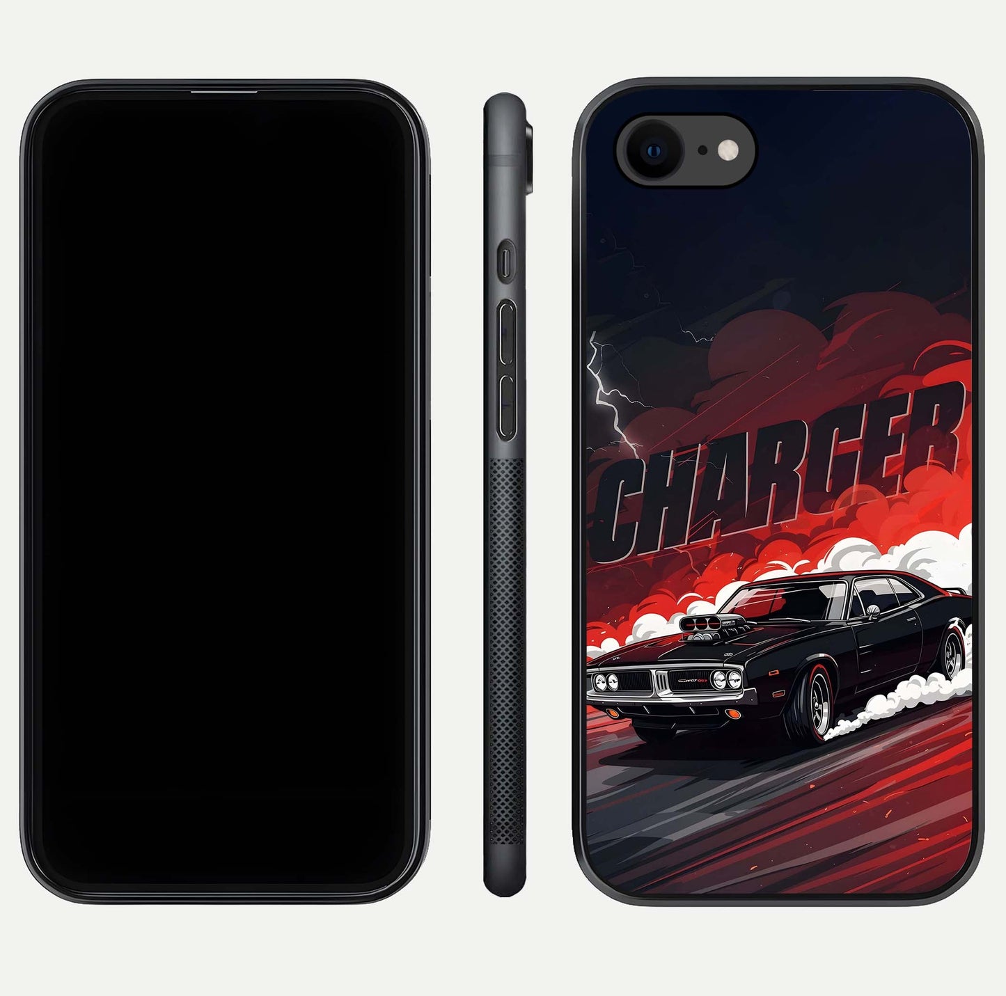 Dark Charger Fury Glass Case for iPhone 7 dual-view layout displaying HD design and polished edges