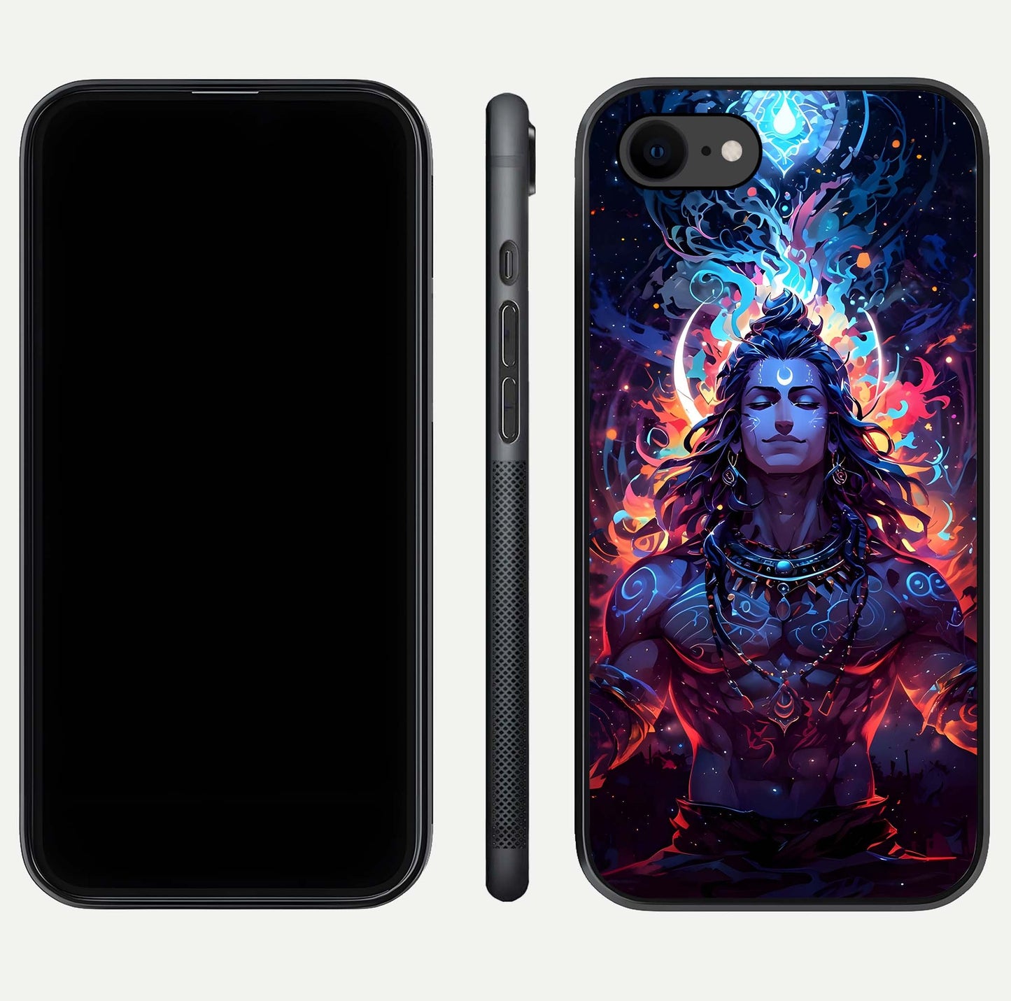 Divine Fire Shiv Glass Case for iPhone 7 dual-view layout displaying HD deity print and curved edges