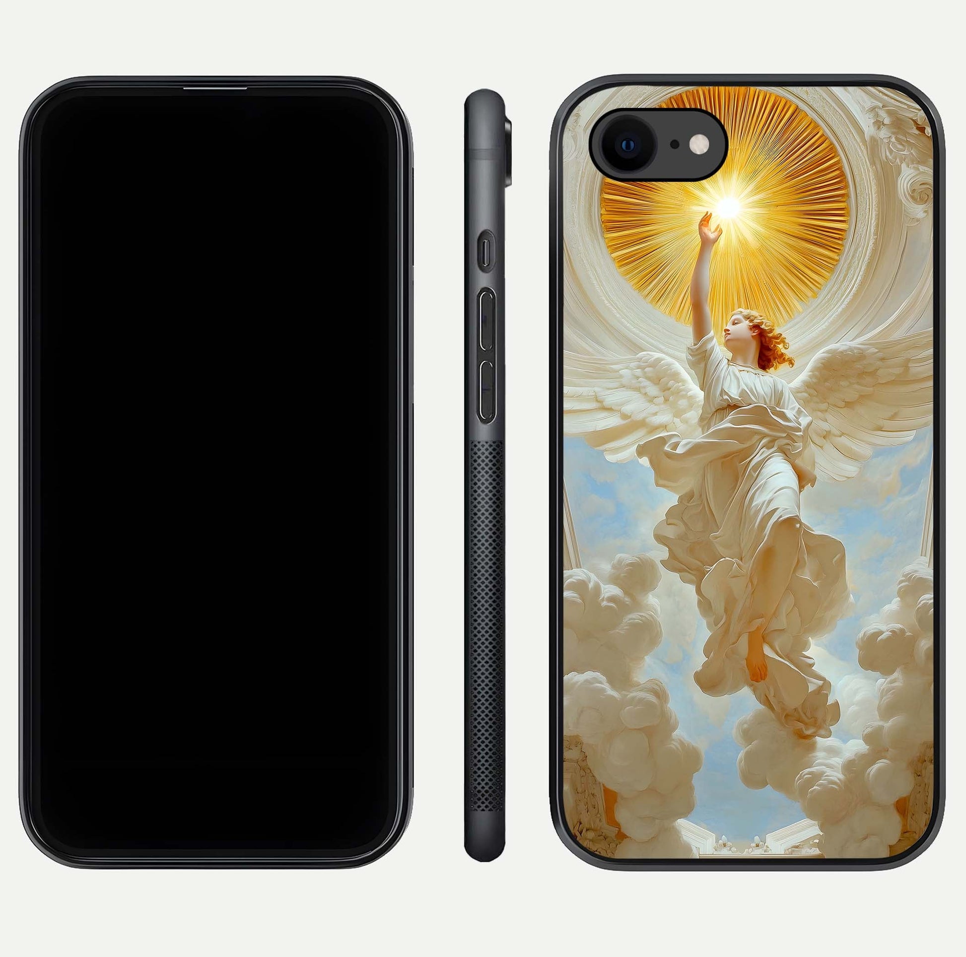 Divine Light Angel Glass Case for iPhone 7 dual-view layout displaying celestial tones and smooth curves