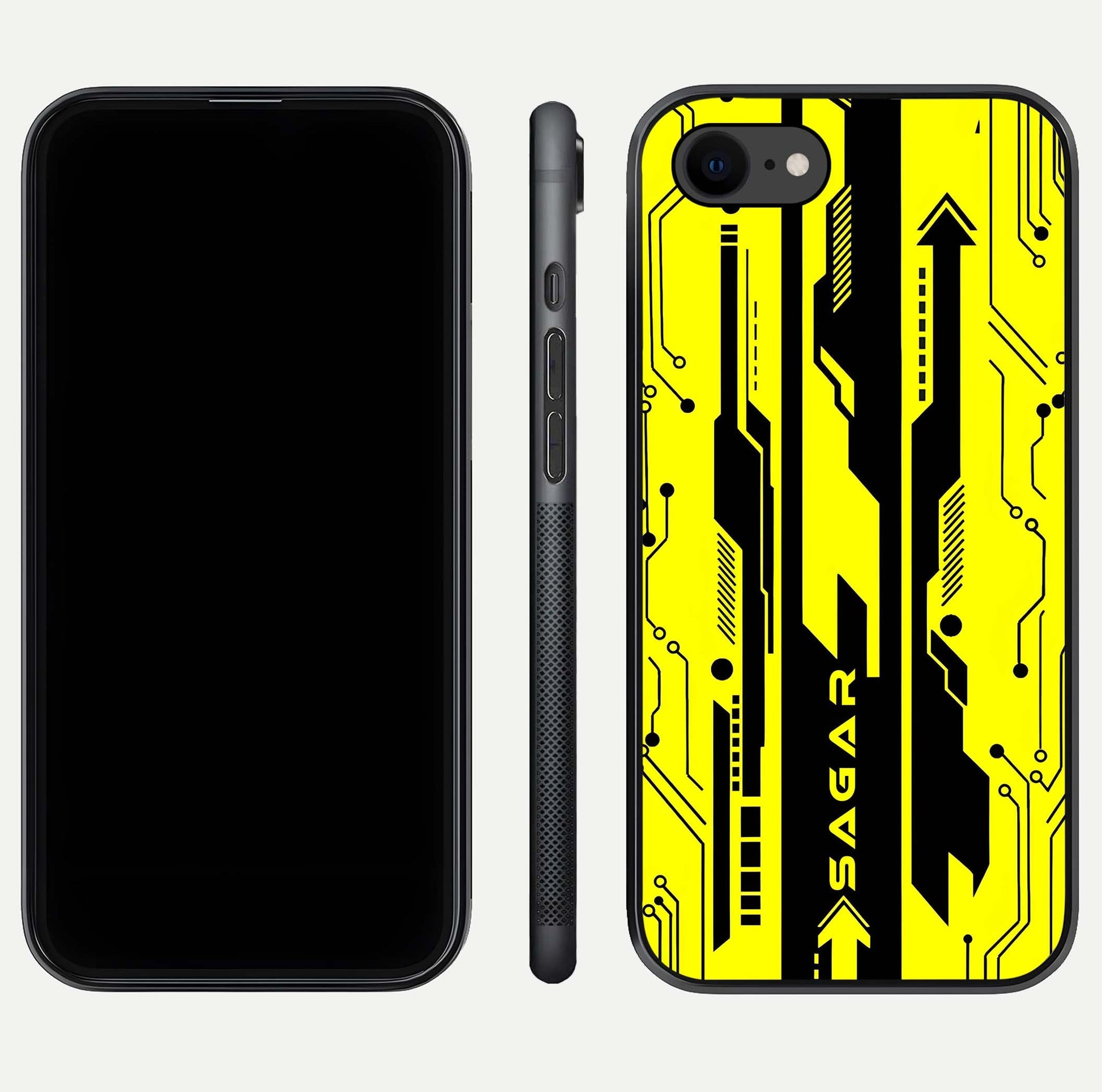 Electric Pulse CYBERPUNK Custom Name Glass Case for iPhone 7 dual-view layout displaying futuristic hues and curved glass edges