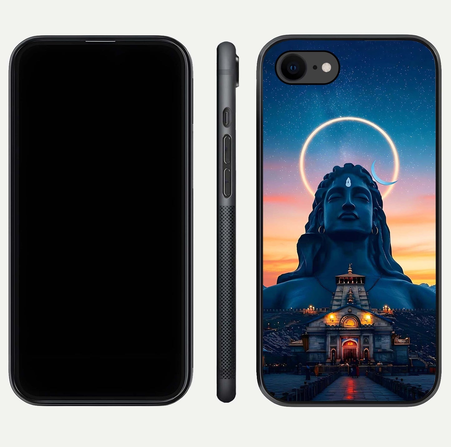 Eternal Shiva Aura Glass Case for iPhone 7 dual-view layout displaying HD deity print and smooth edge