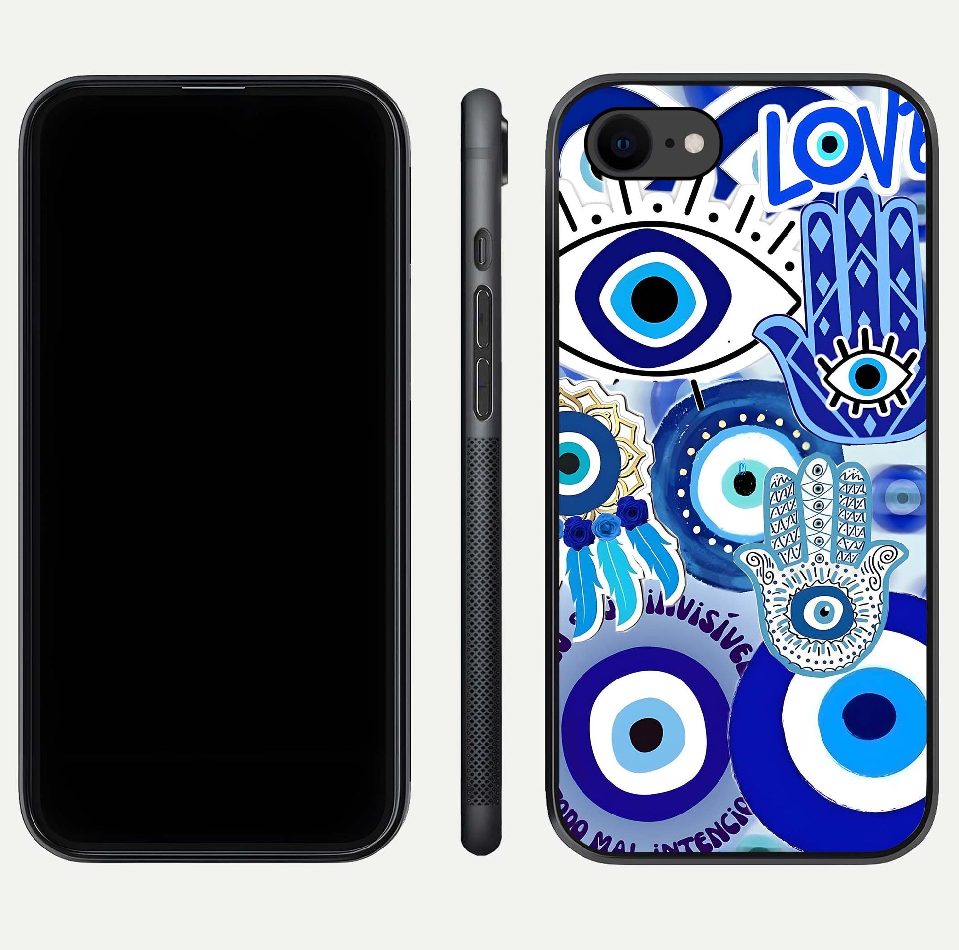 Evil Eyes Dream Glass Case for iPhone 7 dual-view layout displaying spiritual motif and polished curved edge