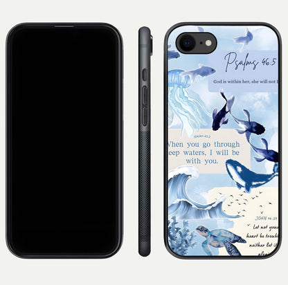 Faithful Ocean Promise Glass Case for iPhone 7 dual-view layout showing sea horizon art and curved polish