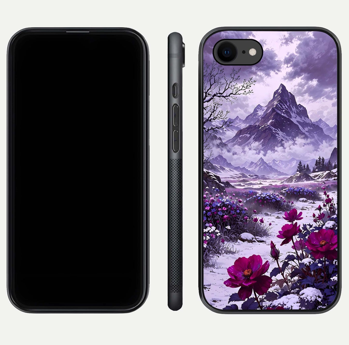 Flower Mountain View Glass Case for iPhone 7 dual-view layout displaying scenic tones and curved glass finish