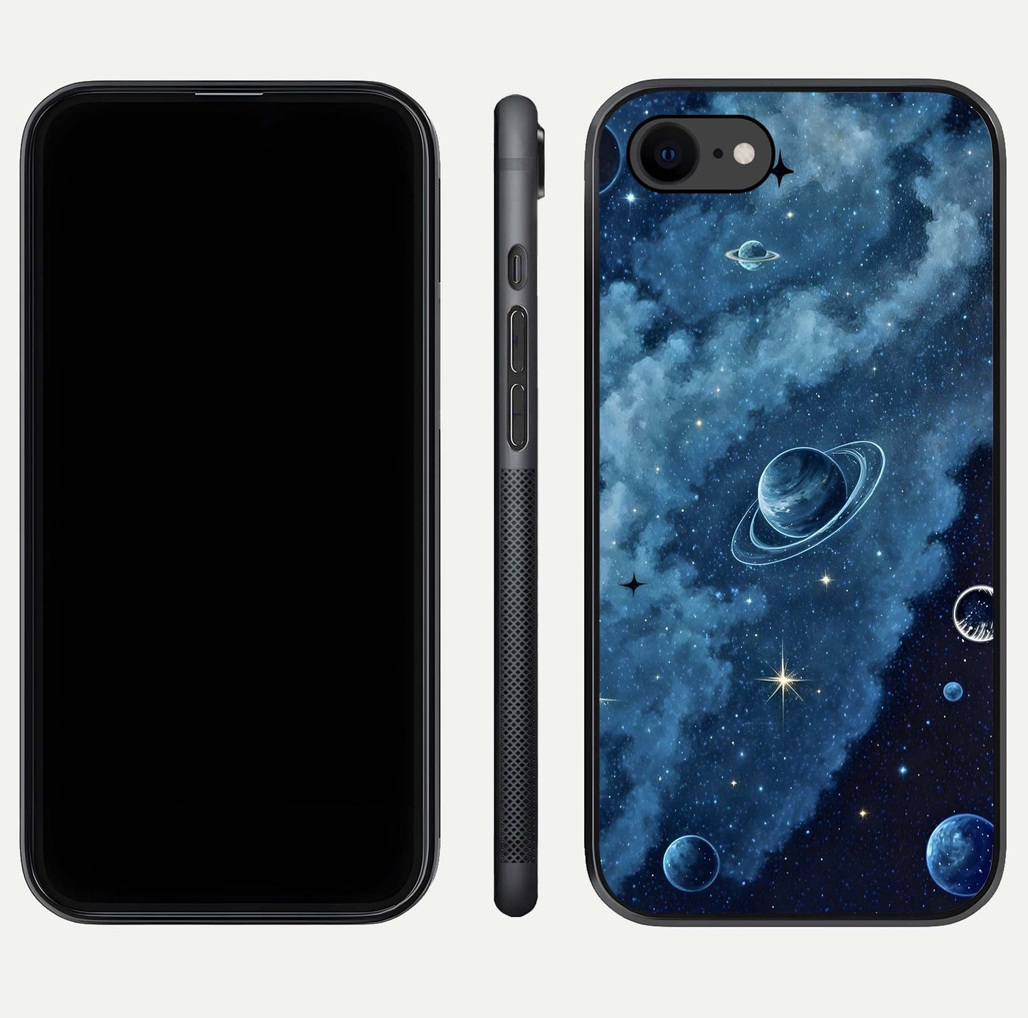 Galaxy Dream Space Glass Case for iPhone 7 front and back view layout showing deep-space tones and curved edges