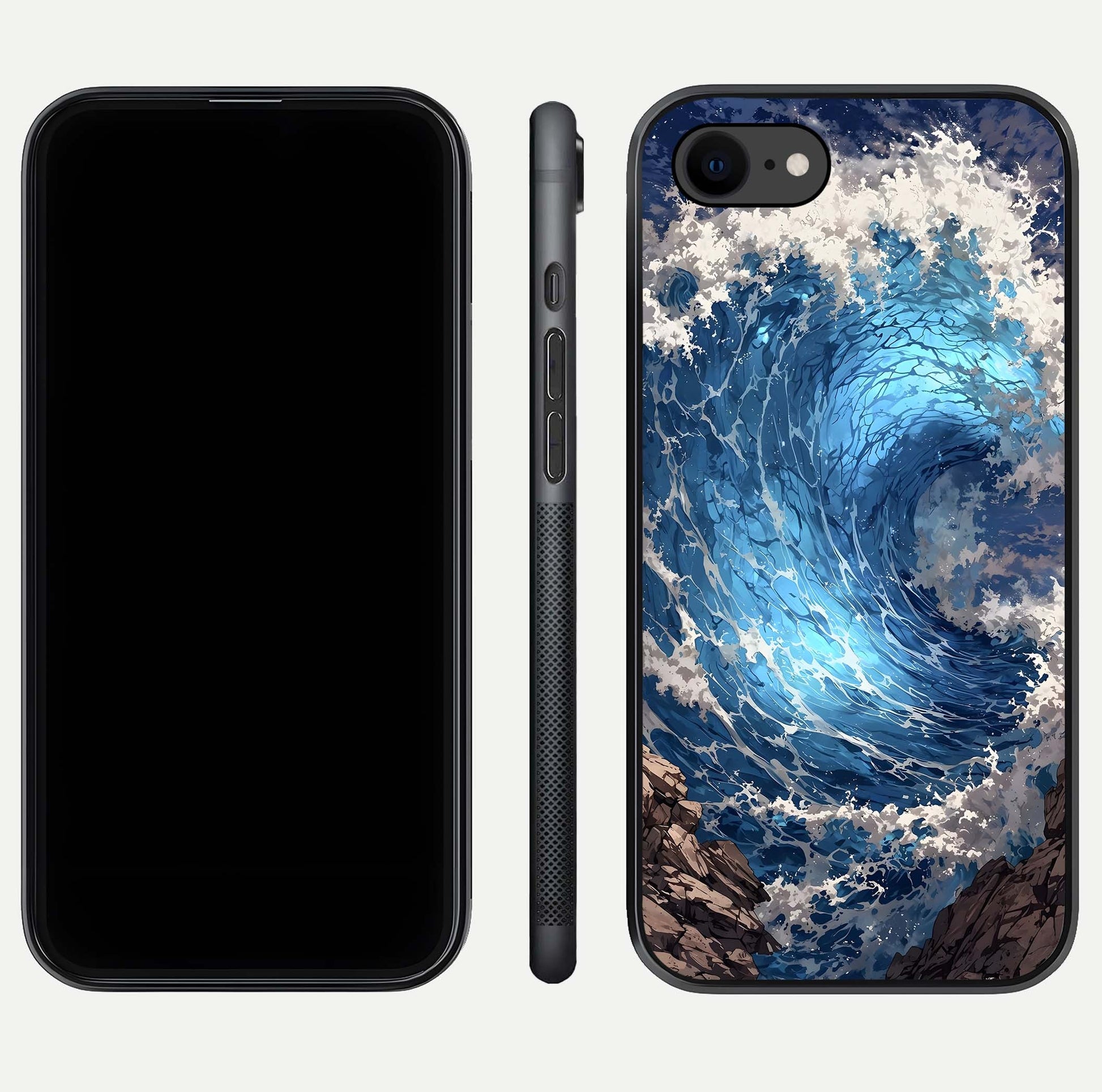 Giant Ocean Wave Glass Case for iPhone 7 front and back view layout displaying sea tones and smooth curved edges