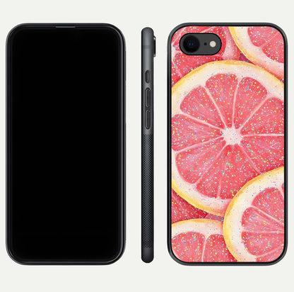 Glitter Grapefruit Glass Case for iPhone 7 front and back view layout highlighting citrus hues and smooth glass