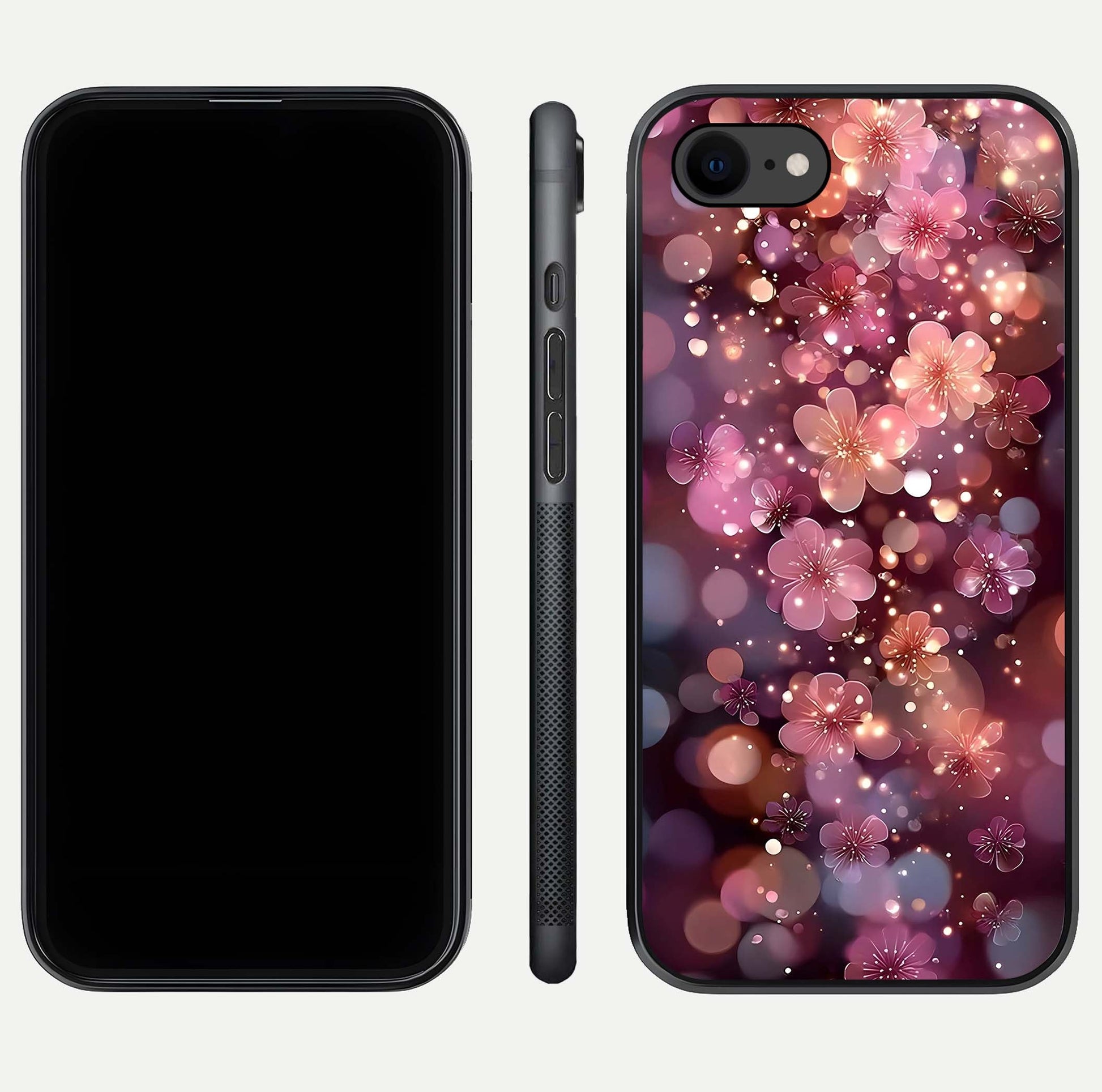 Glowing Petal Bliss Glass Case for iPhone 7 front and back view layout displaying artistic floral design and curved glass
