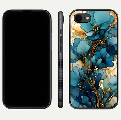 Golden Bloom Symphony Glass Case for iPhone 7 front and back view layout highlighting rich floral tones and curved glass edges