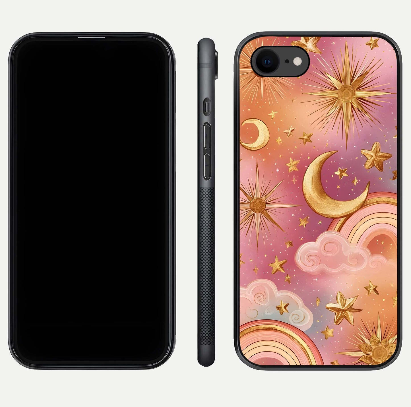 Golden Celestial Dreams Glass Case for iPhone 7 front and back view layout highlighting celestial motifs and smooth curved edge