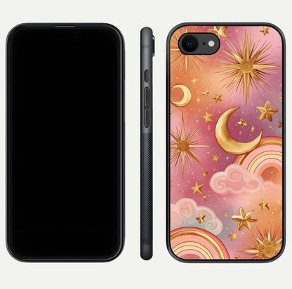 Golden Celestial Dreams Glass Case for iPhone 7 front and back view layout highlighting celestial motifs and smooth curved edge