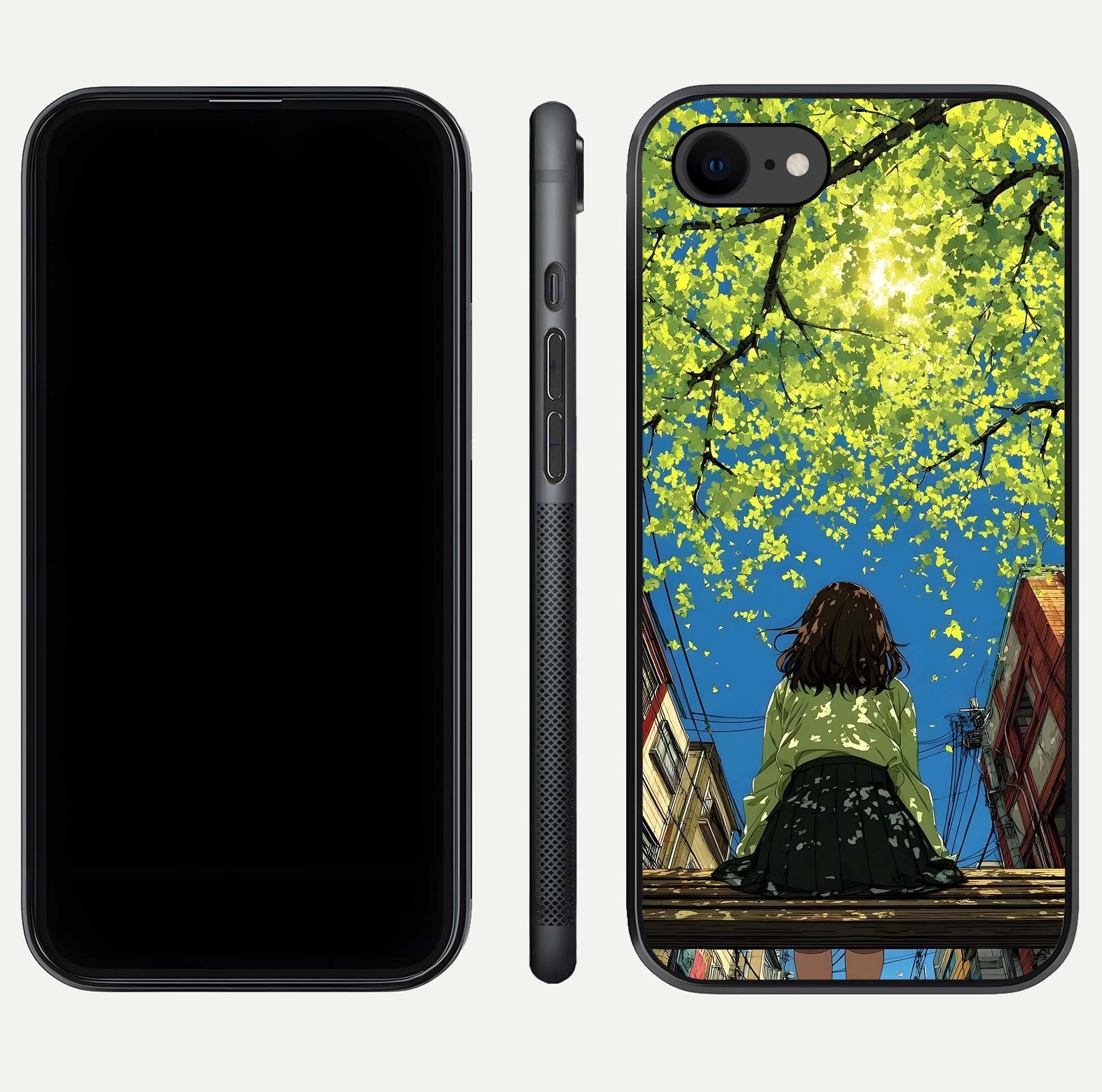 Golden Leaves Glow Glass Case for iPhone 7 front and back view layout highlighting glowing tones and curved edges
