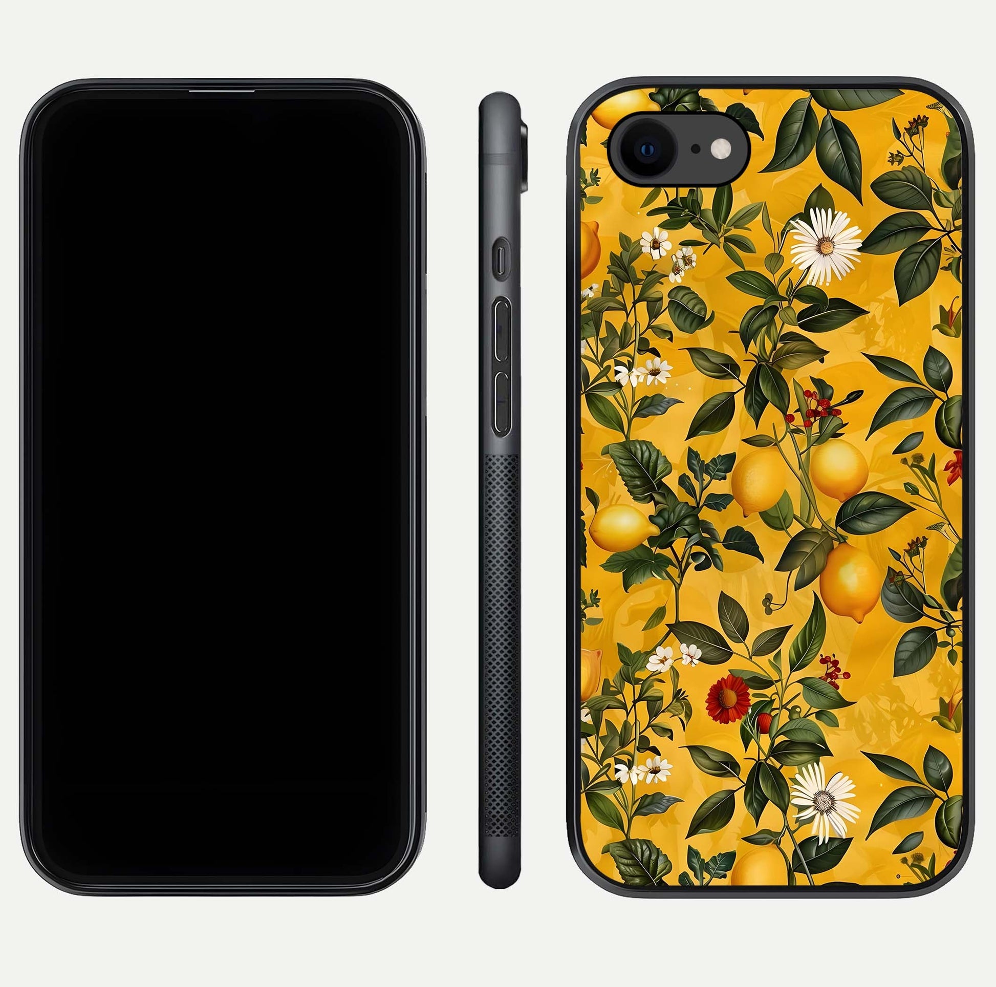 Golden Lemon Field Glass Case for iPhone 7 front and back view layout highlighting fruity tones and curved glass edges