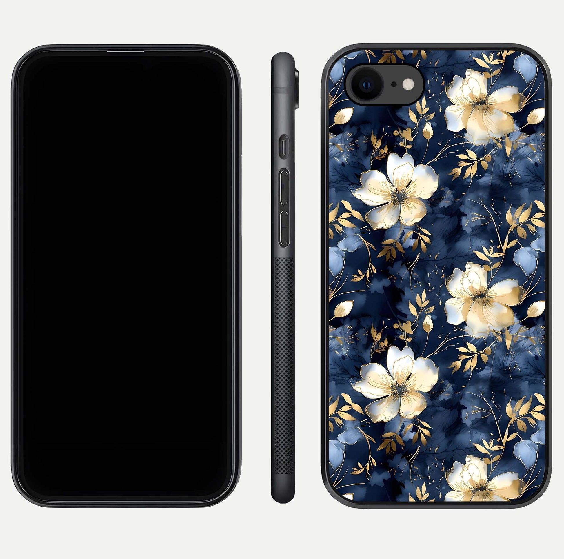 Golden Midnight Bloom Glass Case for iPhone 7 front and back view layout highlighting dark-gold tones and smooth curves