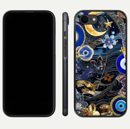 Golden Moon Magic Glass Case for iPhone 7 front and back view layout highlighting celestial tones and curved glass