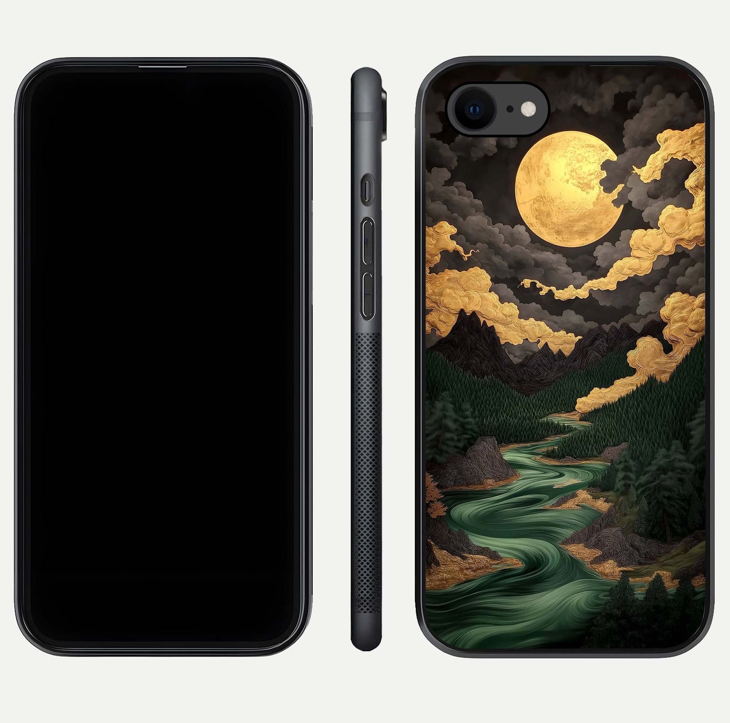 Golden River Moon Glass Case for iPhone 7 front and back view layout displaying celestial glow and smooth curves