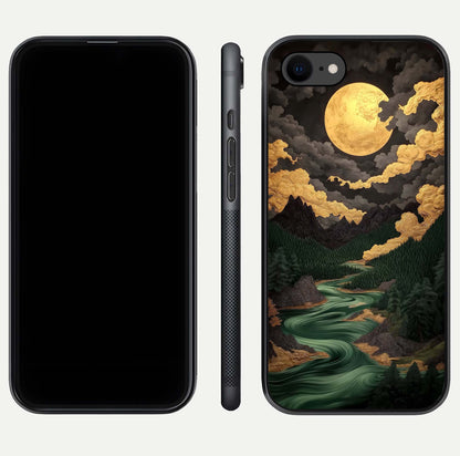 Golden River Moon Glass Case for iPhone 7 front and back view layout displaying celestial glow and smooth curves