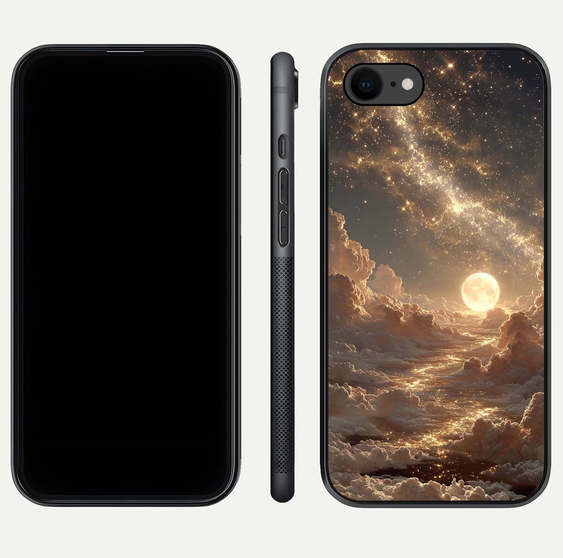Golden Sky Dream Glass Case for iPhone 7 front and back view layout highlighting celestial gold hues and curved glass