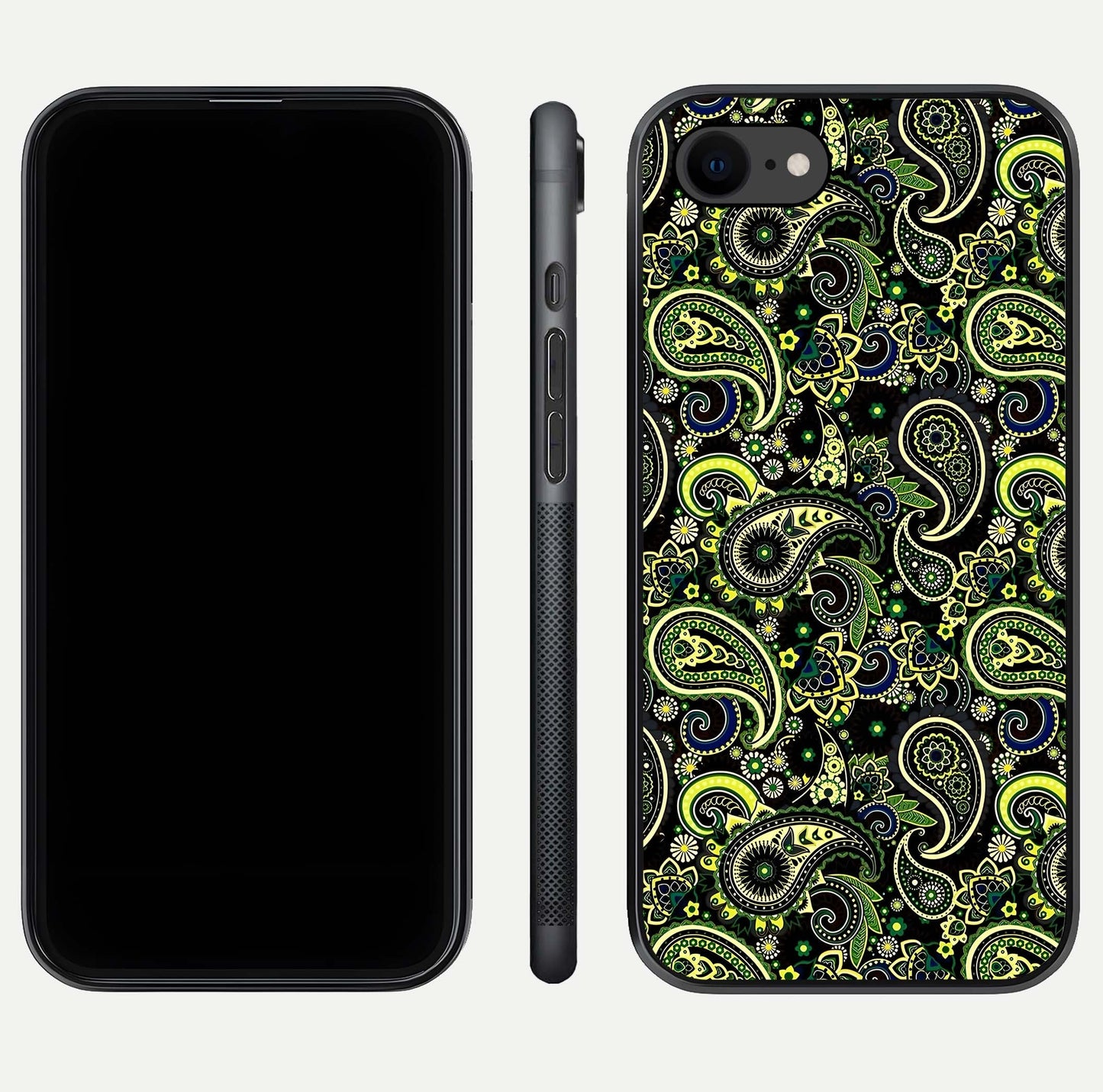 Green Mandala Pattern Glass Case for iPhone 7 front and back view layout highlighting geometric art and curved glass