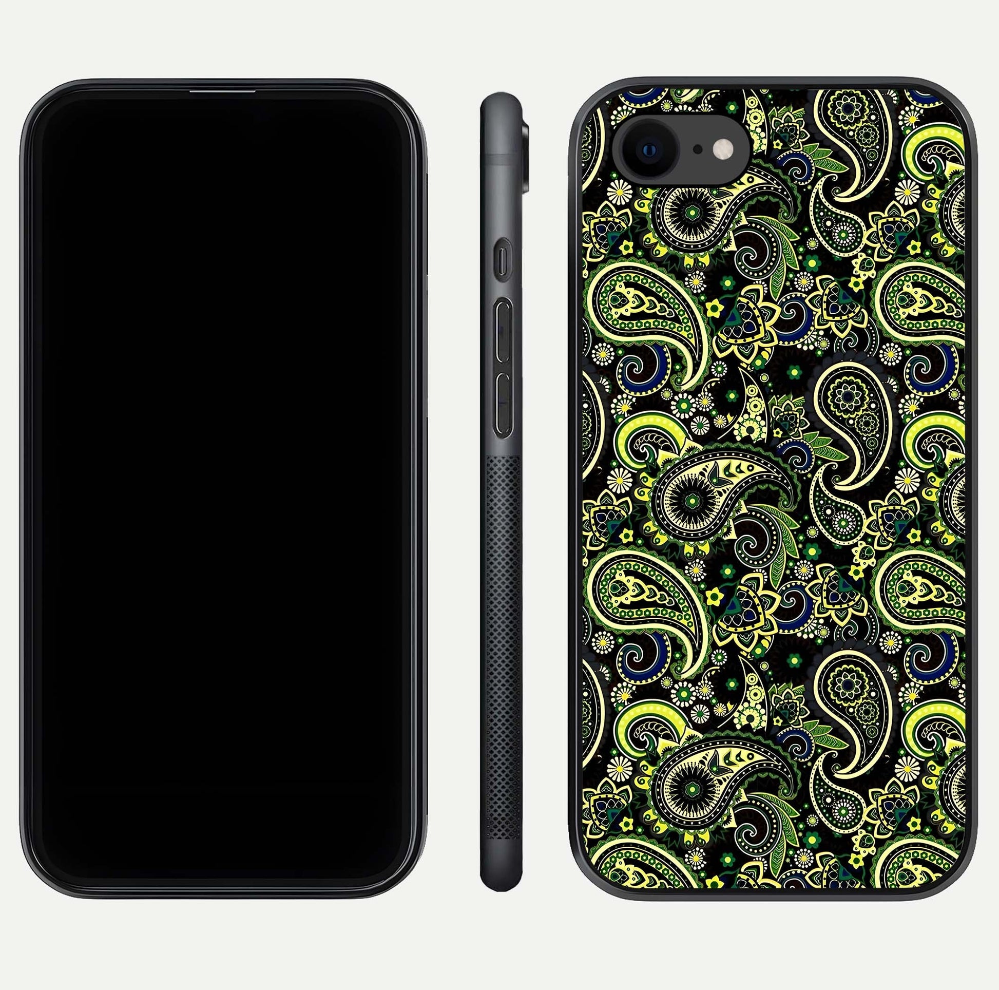 Green Mandala Pattern Glass Case for iPhone 7 front and back view layout highlighting geometric art and curved glass