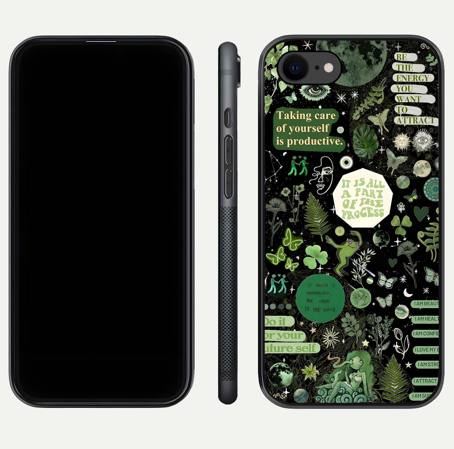 Green Moon Energy Glass Case for iPhone 7 front and back view layout highlighting cosmic tones and smooth edges